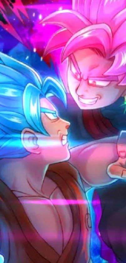 Anime characters in a vibrant battle with dynamic blue energy.