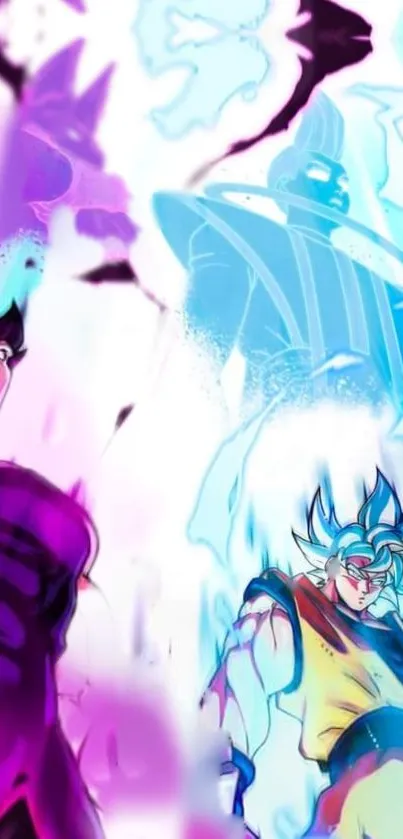 Anime characters in vibrant battle scene with colorful energy.