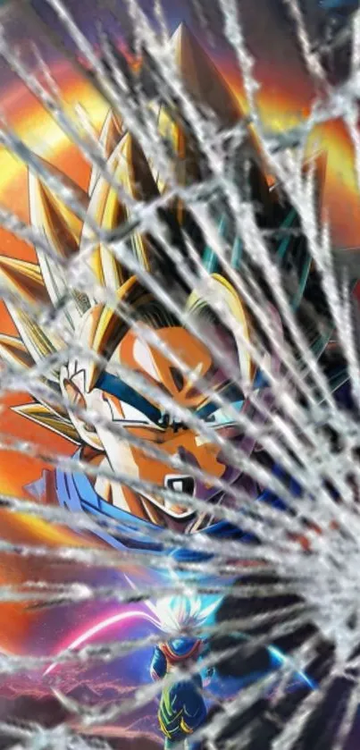 Anime character with shattered glass effect and vibrant orange background.