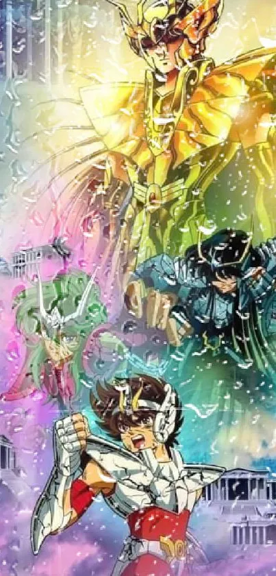 Epic gold-armored anime characters in a vibrant battle scene.