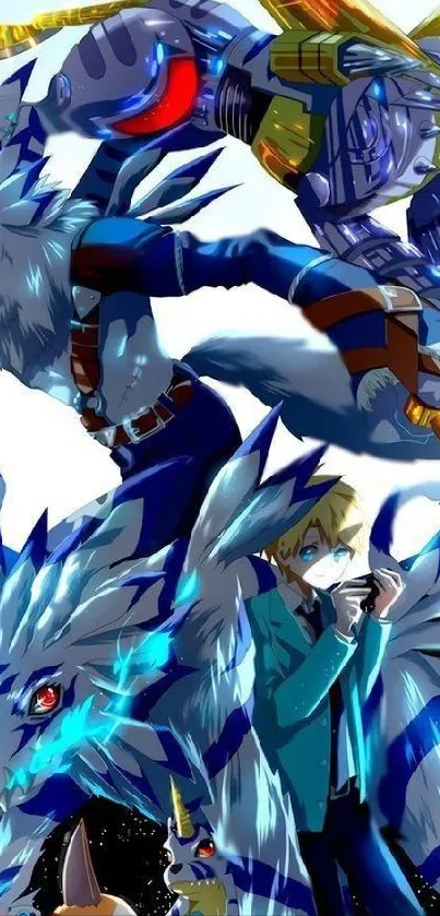 Anime scene with blue creatures and a hero in action.