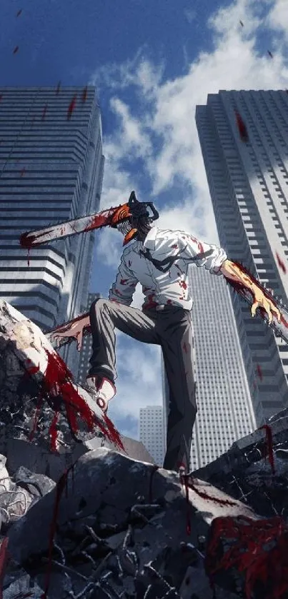 Anime hero with chainsaw amid skyscrapers.