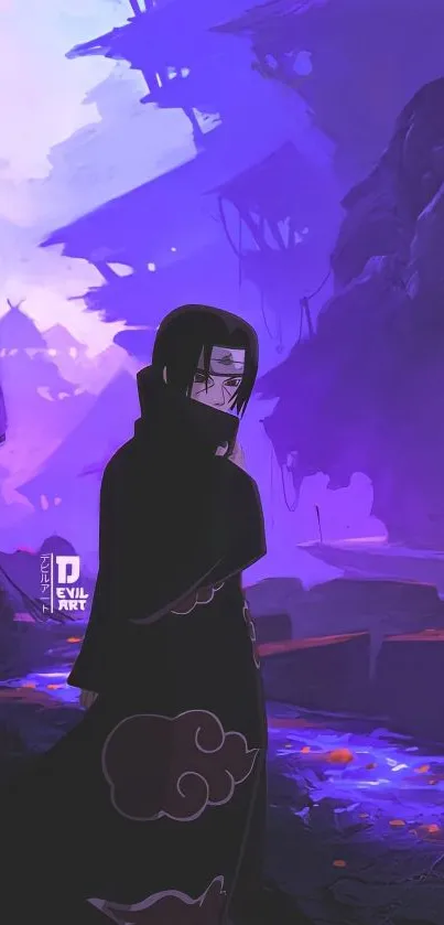 Anime character in purple landscape with mysterious vibes.