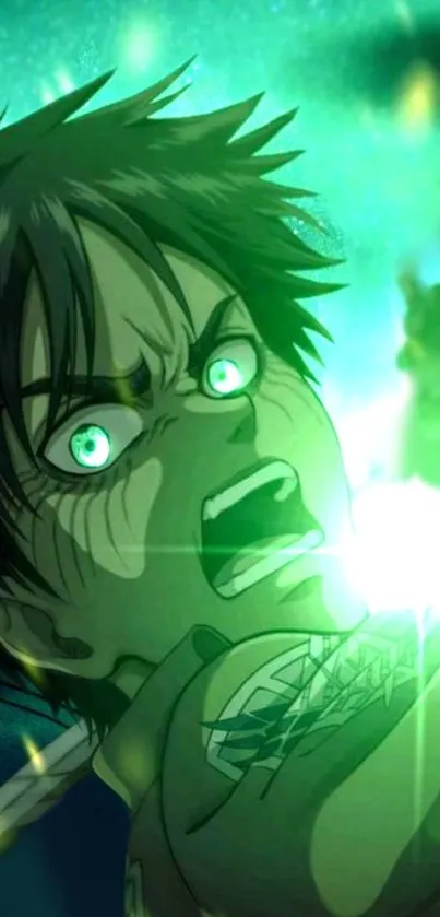 Anime character emits neon green energy with intense expression.