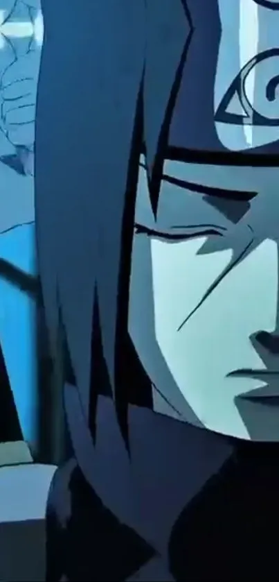 Close-up of a mystical anime warrior in blue tones.