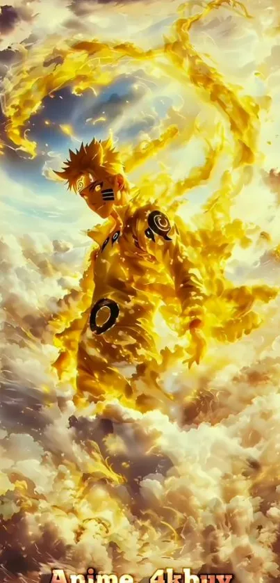 Anime character with golden aura in cloud-filled sky.