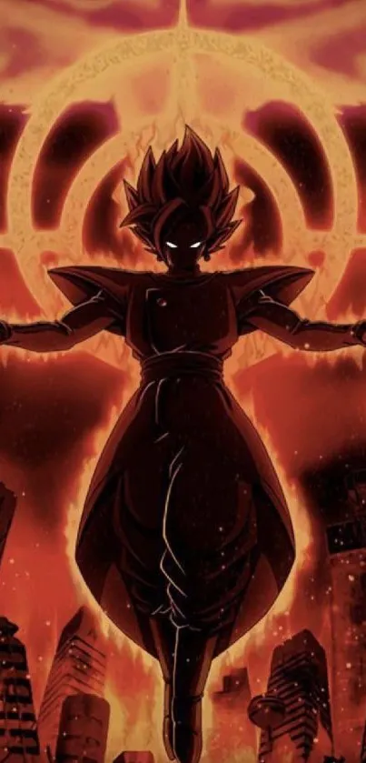 Anime character silhouetted against a fiery background with orange hues.