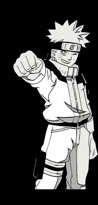 Black and white anime character poses confidently on a dark background.