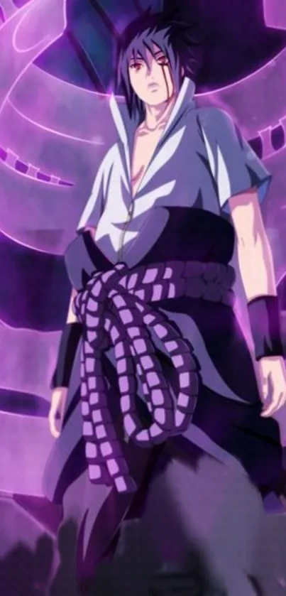 Anime character with dark hair and purple swirling energy background.