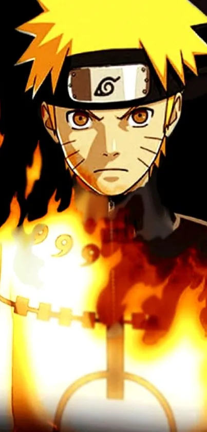 Anime character surrounded by flames with a fierce expression.