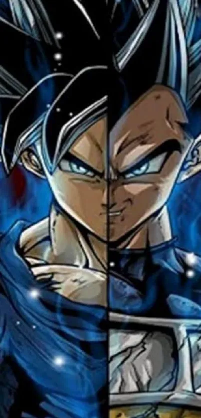 Epic anime character with blue flames and intense stare.