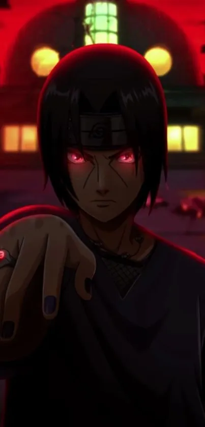 Shadowy anime character with glowing red eyes and background.