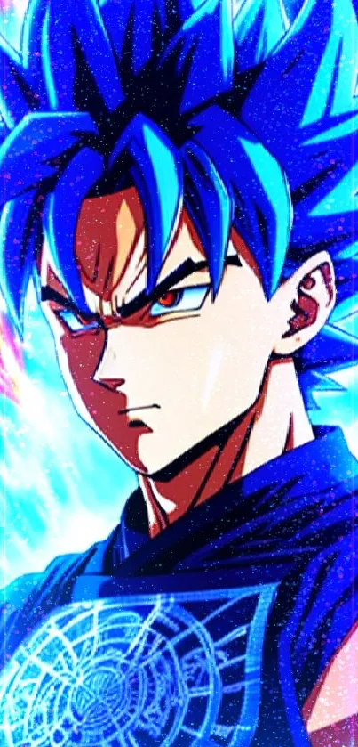 Anime character with blue hair and fiery background wallpaper.