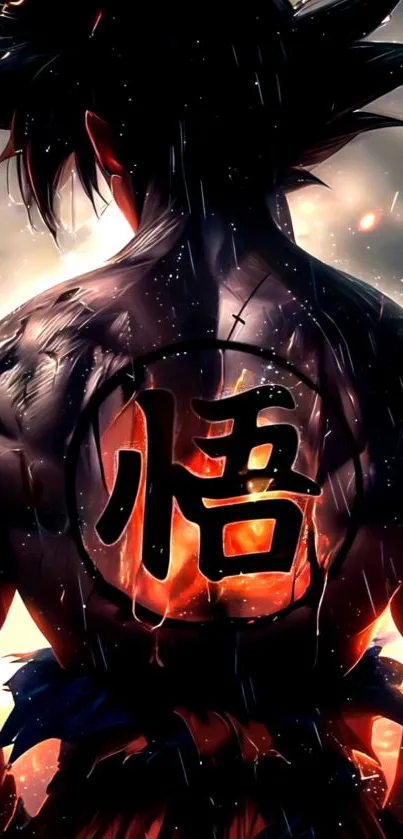 Epic anime character with fiery background on mobile wallpaper.