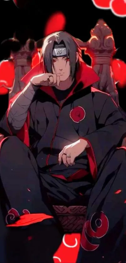 Anime character sitting on throne with red background.