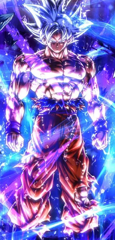 Epic anime character surrounded by vibrant blue energy.