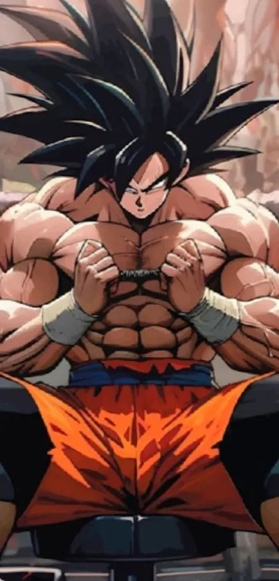 Anime hero with muscular build and orange shorts.