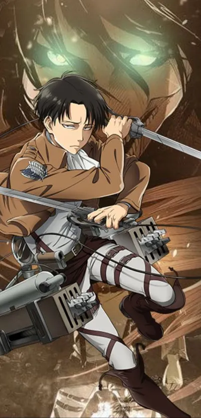 Anime character in action with swords, in a brown-themed epic wallpaper.