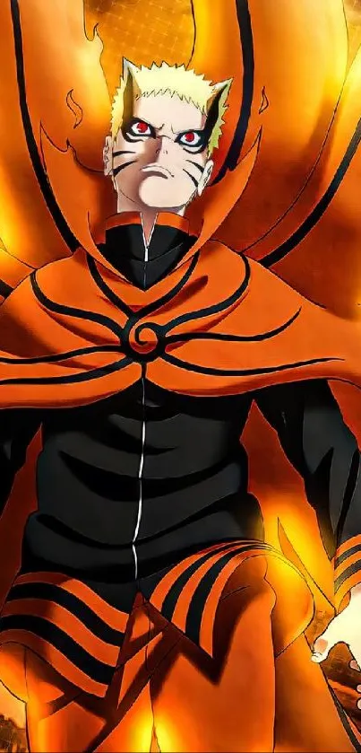 Epic anime character with fiery orange aura in stunning wallpaper design.