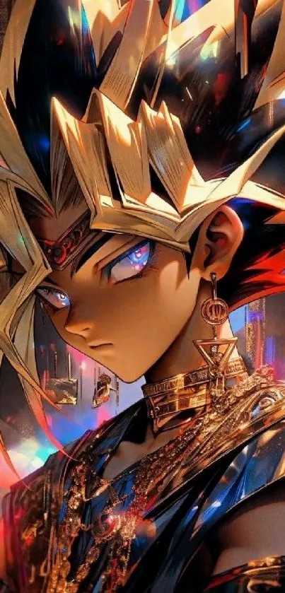 Epic anime character with vibrant colors and intricate details in a mobile wallpaper.