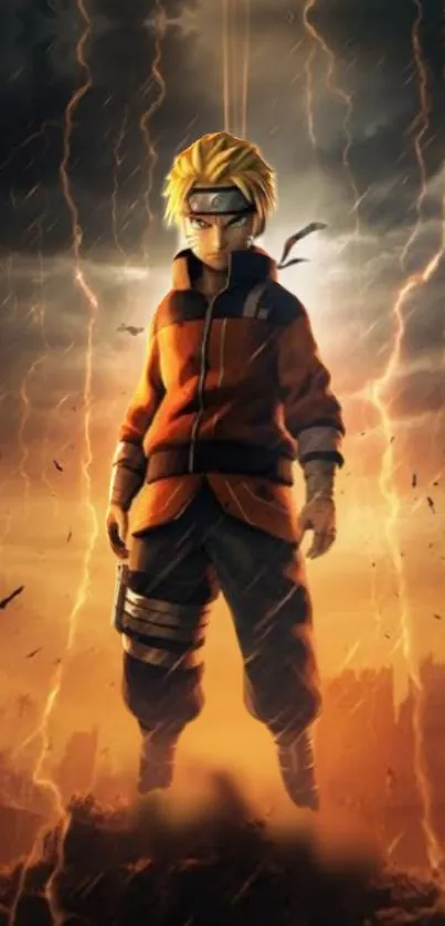 Epic anime character with lightning background, golden tones.