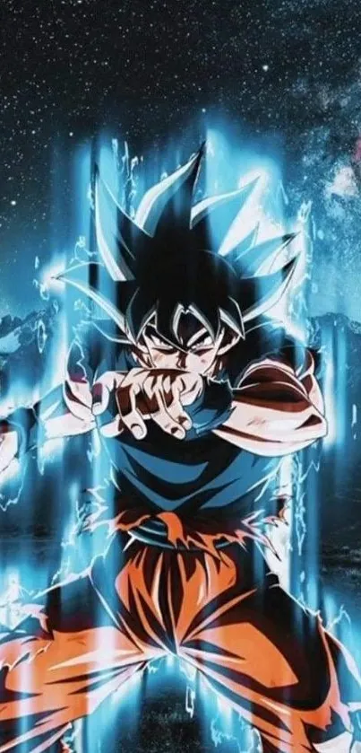 Epic anime character with blue energy in a cosmic background.