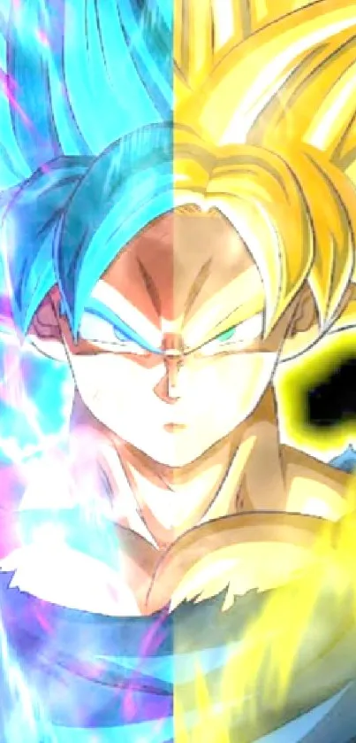 Anime character with dual power aura in blue and gold hues on mobile wallpaper.