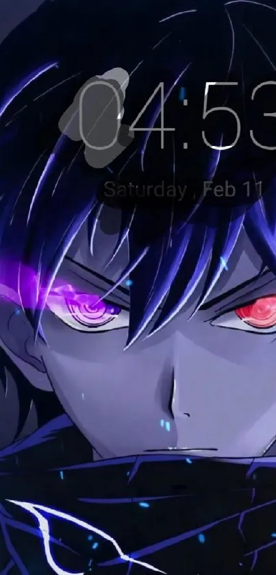 Anime character with vibrant colors and sword, dark blue theme.