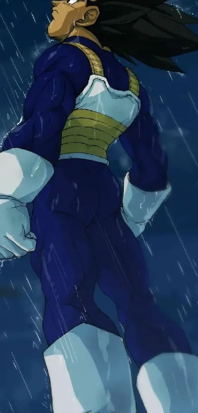 Anime character standing under rain in dramatic night sky.