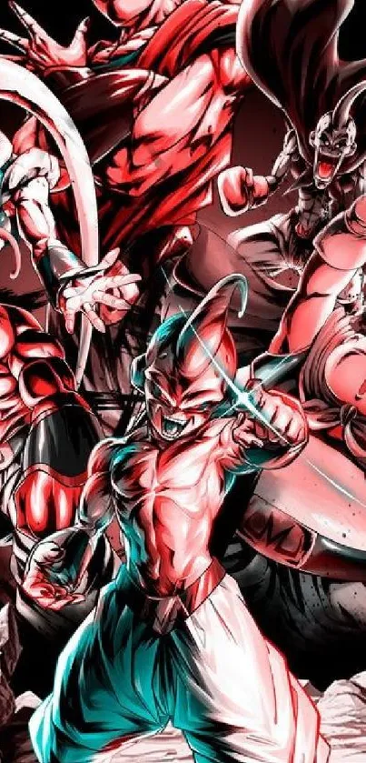 Anime characters in an epic battle scene with vibrant red tones.