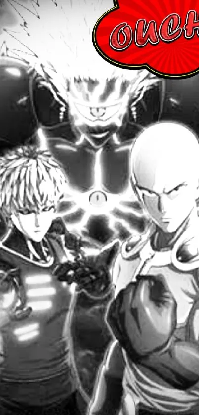 One Punch Man anime wallpaper in black and white, with dynamic characters.