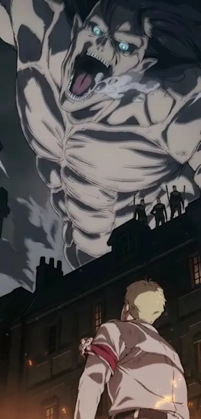 Epic anime scene with giant over cityscape.