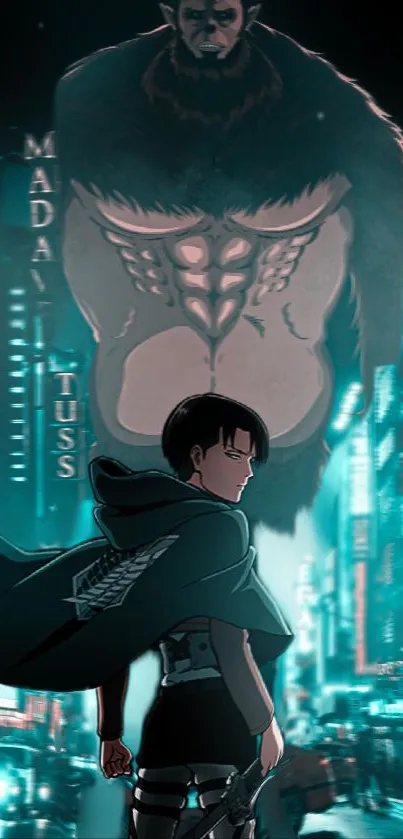 Anime character and colossal figure in neon cityscape.