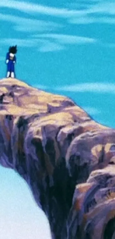 Anime character standing on a cliff with blue sky.