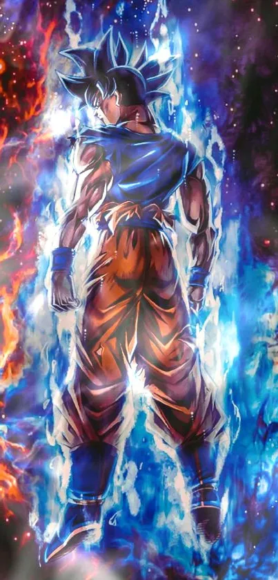 Anime warrior enveloped in cosmic blue and red energies.