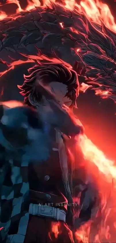 Anime warrior poses with fiery dragon.