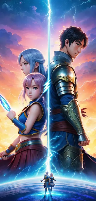 Anime duo with lightning in a colorful sunset scene for mobile wallpaper.