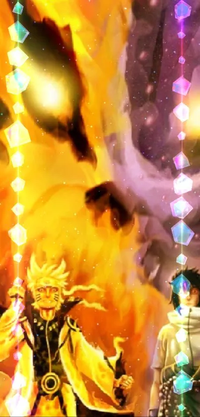 Epic anime duo with vibrant flames and mystical energies.
