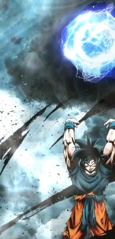 Dynamic anime character unleashing a powerful blue energy blast.