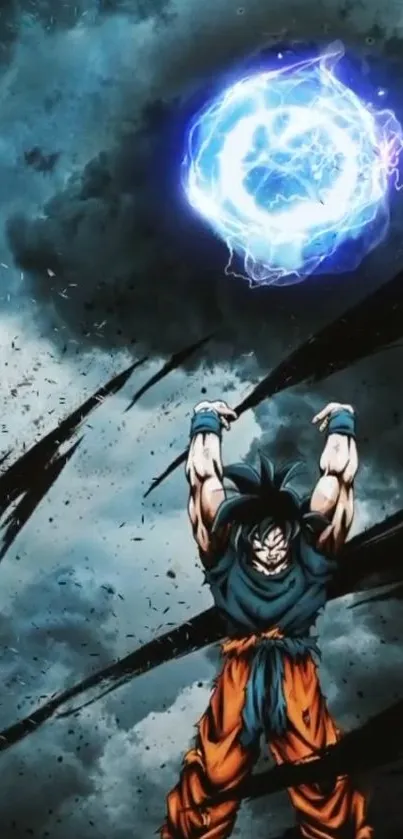 Anime character unleashes blue energy blast in stormy sky.