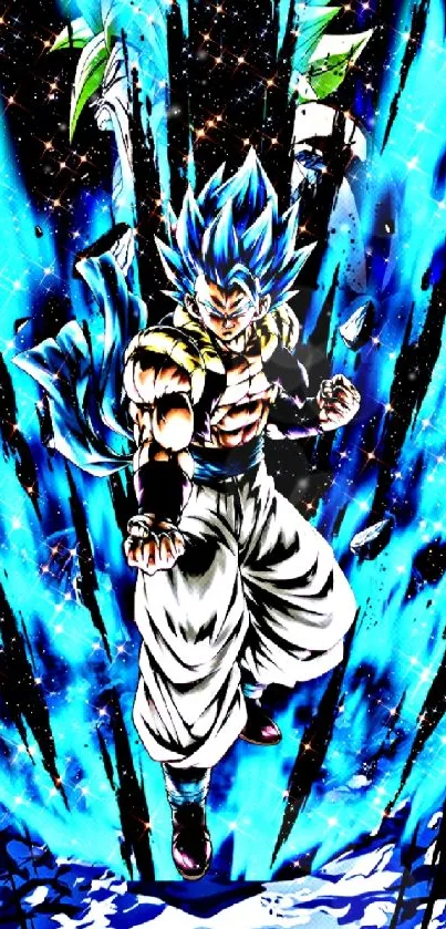 Anime character with blue energy burst on a vibrant background.