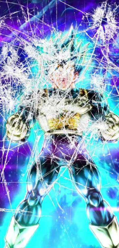 Anime character with vivid energy aura and cracked glass effect.