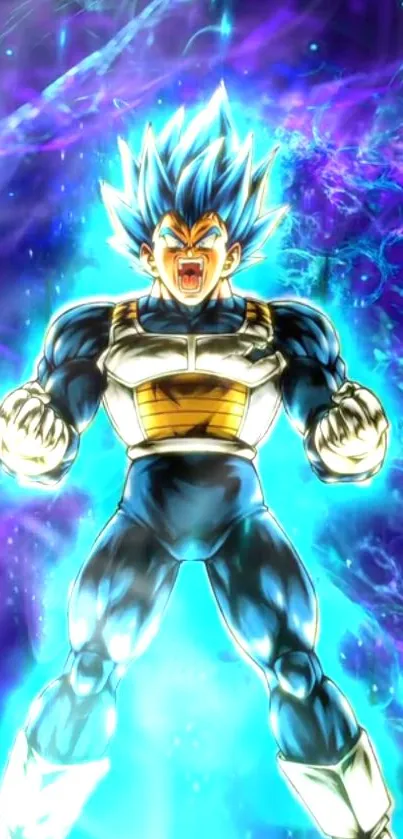 Animated character with glowing energy aura in vibrant blue hues.