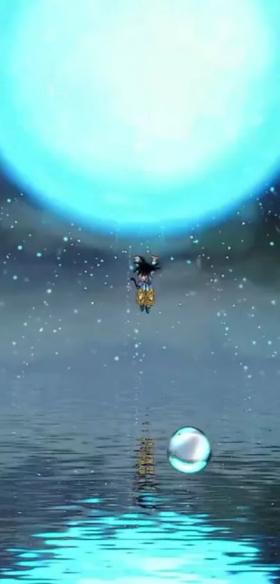 Anime character beneath glowing blue sphere on water.