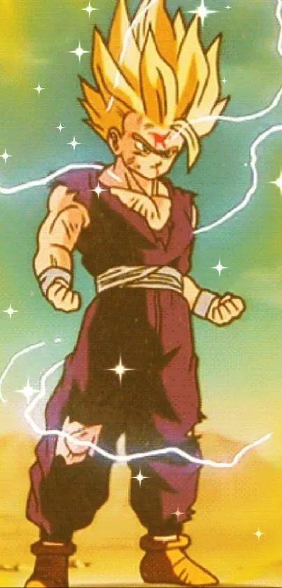 Anime character powering up with yellow energy and lightning in a desert landscape.