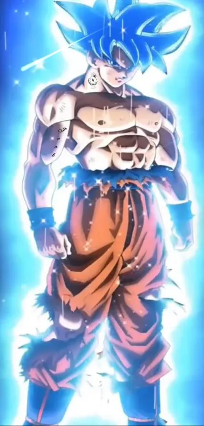 Anime character with vibrant blue aura and orange pants, exuding energy.