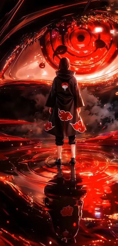 Anime character standing before a red eye reflection.