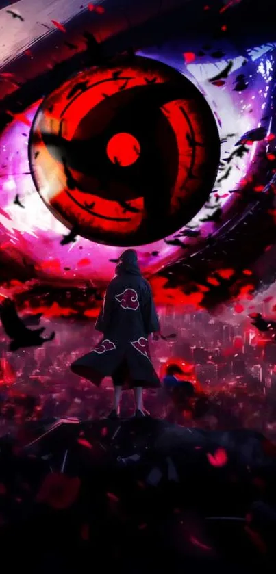 Anime character with red eye in abstract scene.