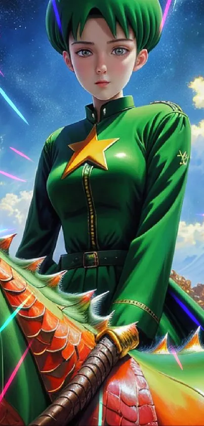 Anime character in green attire with a celestial background and dragon imagery.