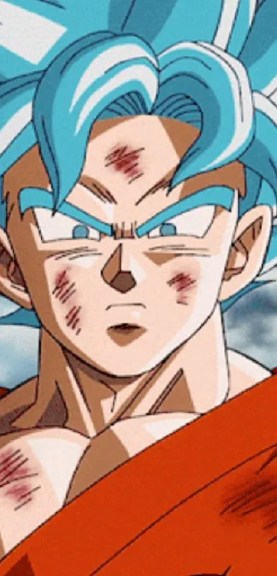 Epic anime fighter with blue hair and battle marks in orange attire.